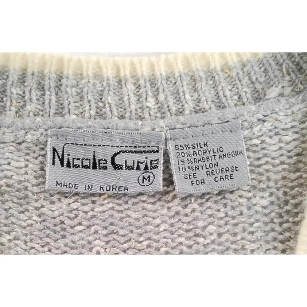 Vintage Nicole Curie Silk Angora Sweater Vest Gray V-Neck Knit Korea Women's